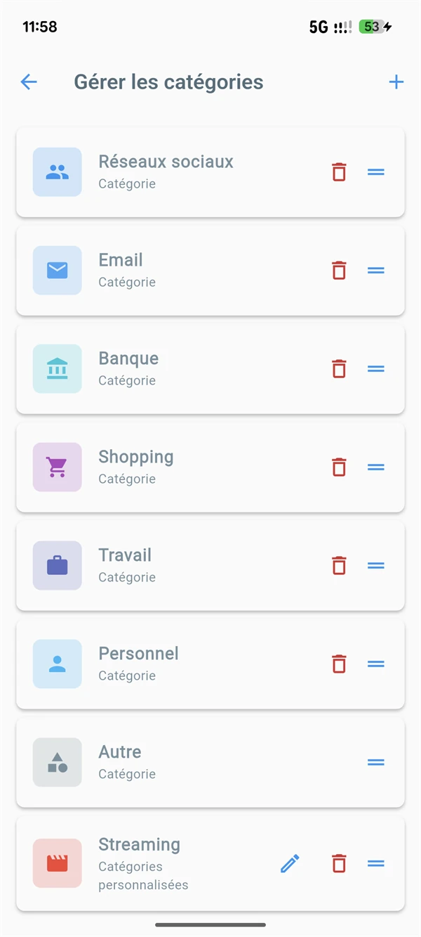 Gestion des catégories personnalisées dans PassKeyra