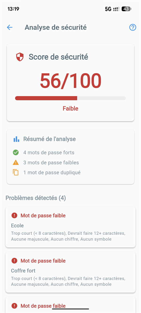 Rapport de sécurité avec score global et recommandations