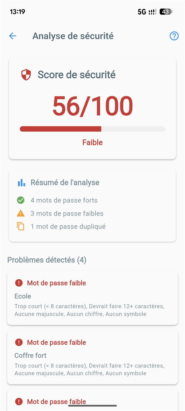 Rapport de sécurité avec score global et recommandations